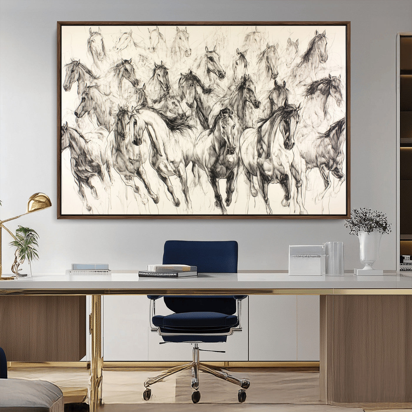 Monochrome ink sketch of galloping horses in dynamic motion, perfect for western or equine-themed wall decor with bold artistic energy.