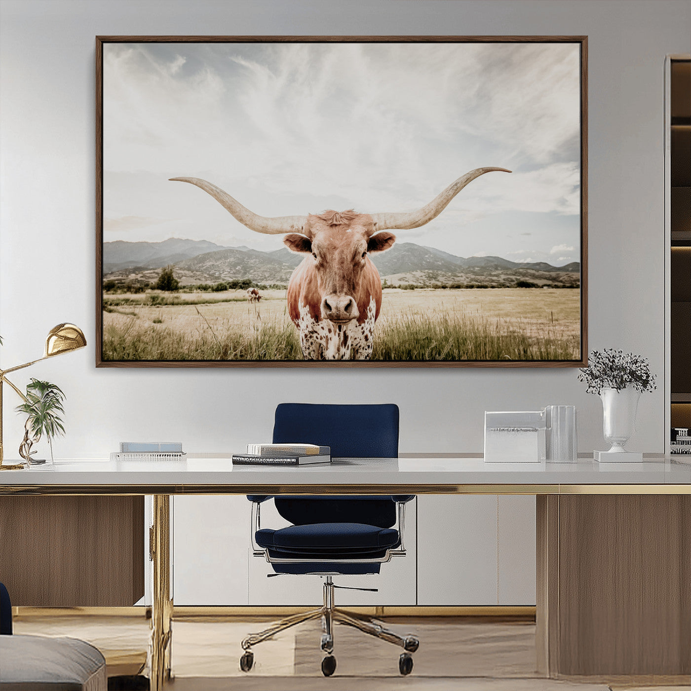 Longhorn Wall Art Print - Western Cow Canvas Print, featuring a majestic Texas longhorn in a rustic prairie setting, perfect for farmhouse and western decor.