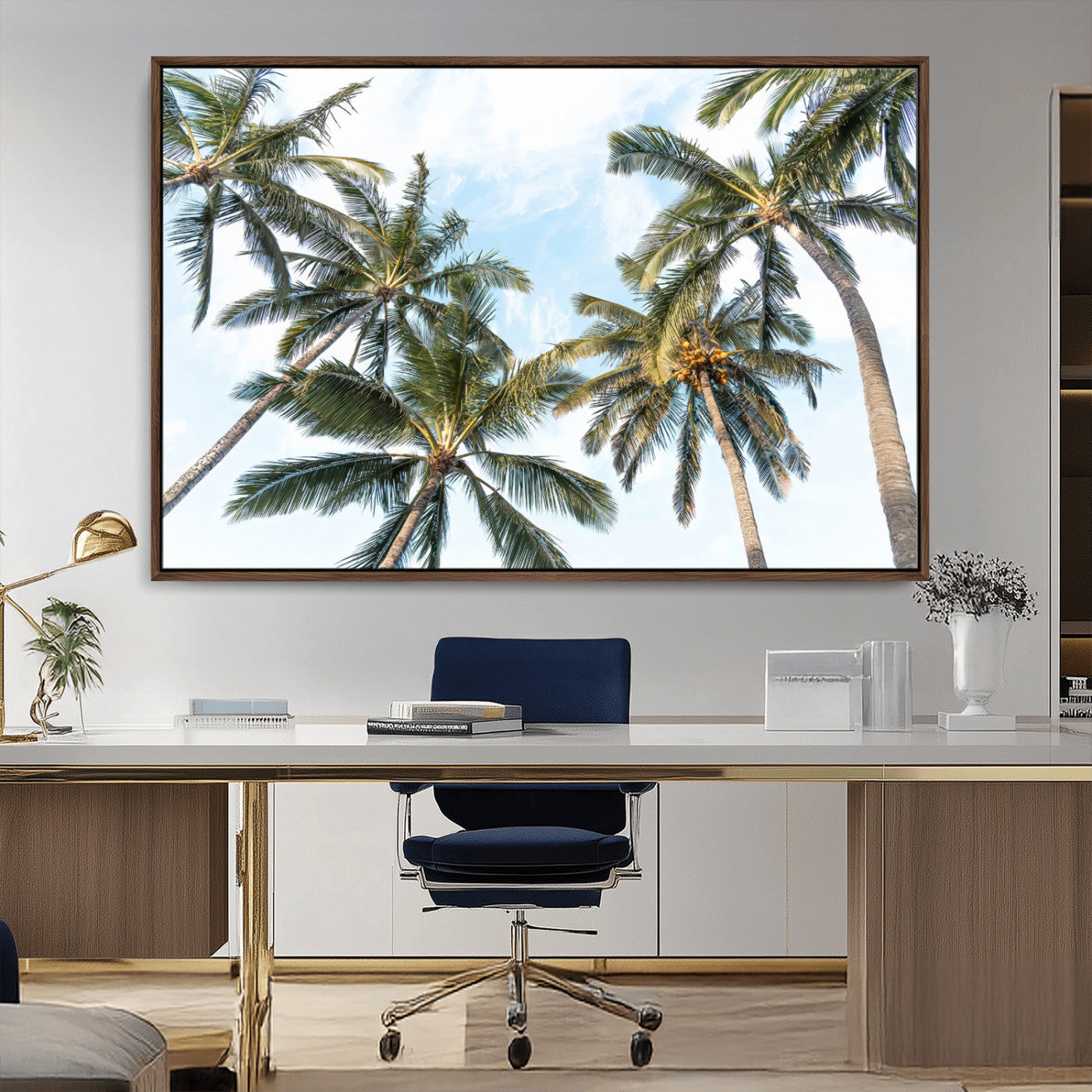 Framed canvas of tall palm trees reaching into a tropical sky, ideal for beach home or relaxed island-inspired wall decor.