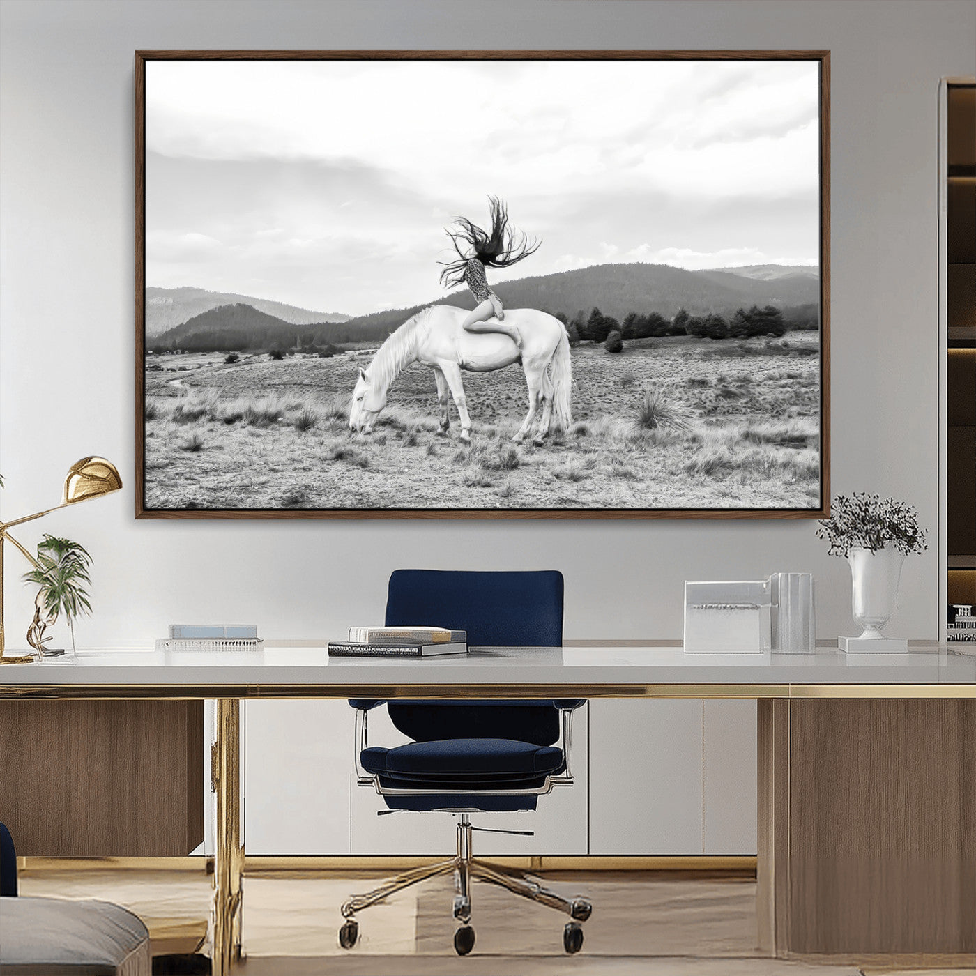 Black and white photo of a woman on a white horse in moody tones, ideal for Western Boho or modern rustic-style home decor.