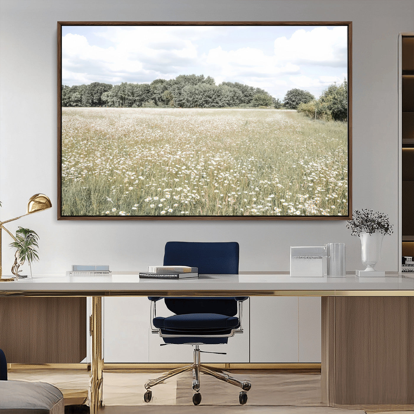 Soft-toned image of a wild daisy field under a cloudy sky, ideal for neutral or Scandinavian-inspired home decor.