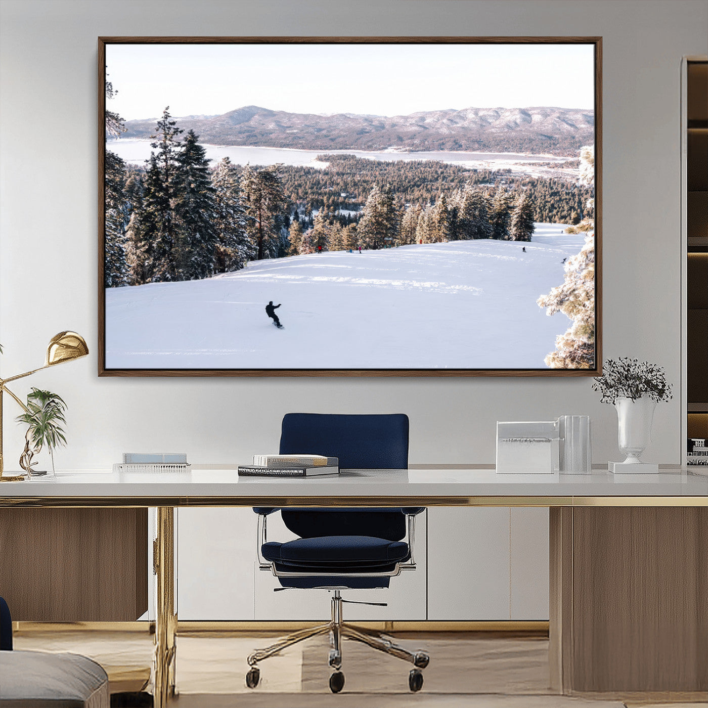 Canvas of a snowy mountain ski slope with pine trees and bright winter light, ideal for modern rustic or alpine-inspired home decor.