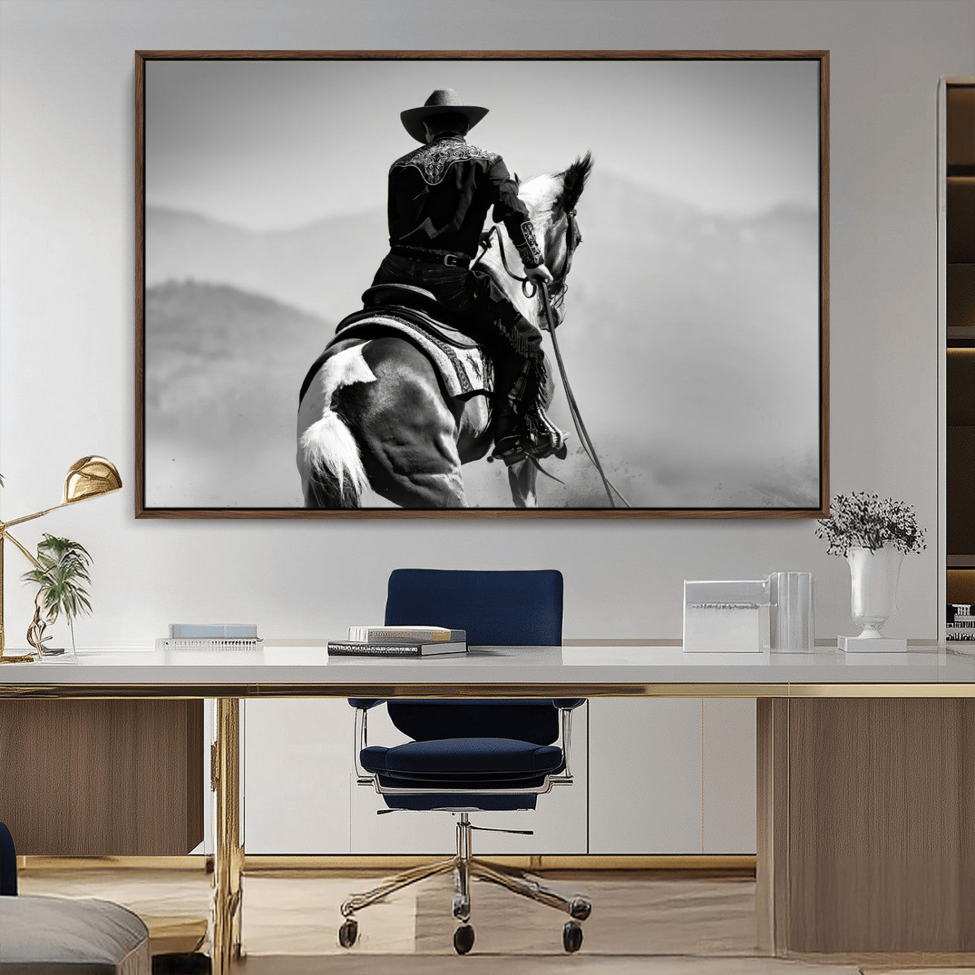 Black and white canvas of a cowboy on horseback with moody tones, perfect for rustic western or country-inspired home decor.