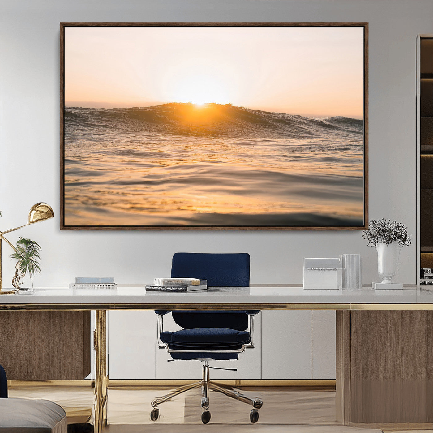 Ocean waves glowing under a warm golden sunset, reflecting soft light and calm movement, perfect for warm minimalist coastal interiors.