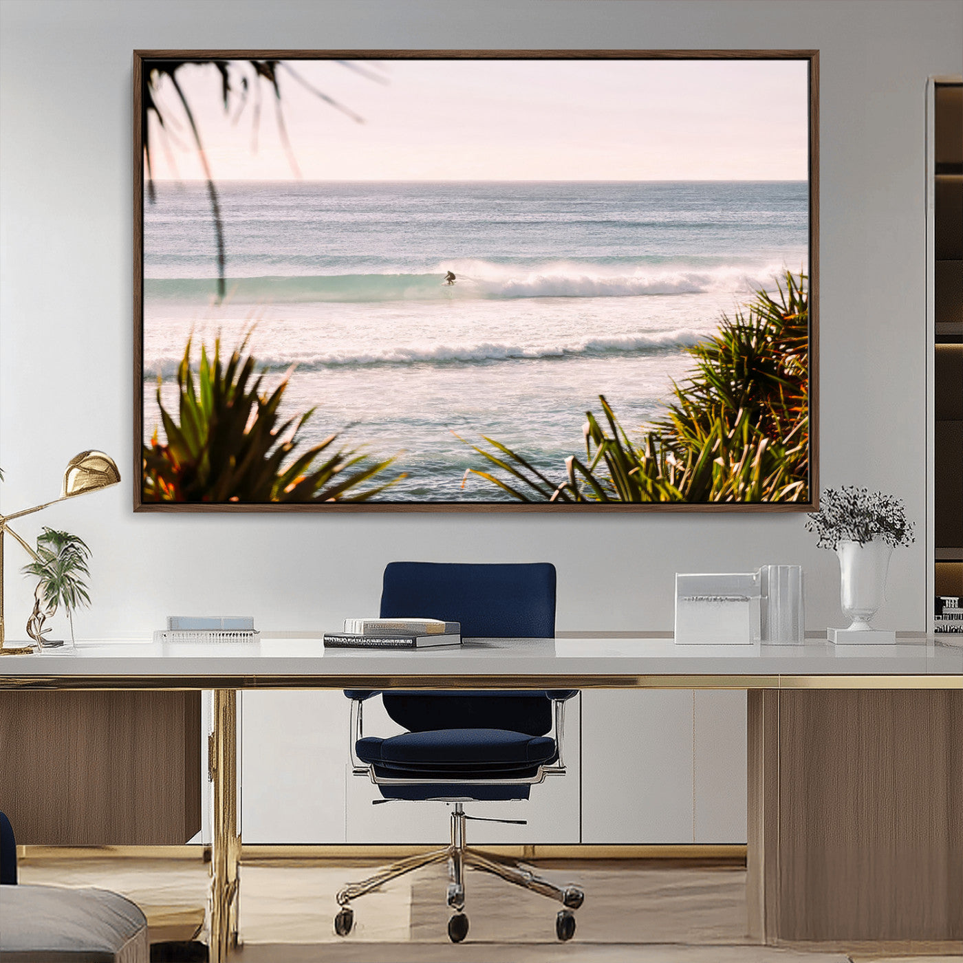 Canvas of a lone surfer riding a pastel wave at sunrise, perfect for tropical or coastal-themed spaces with a relaxed, airy vibe.