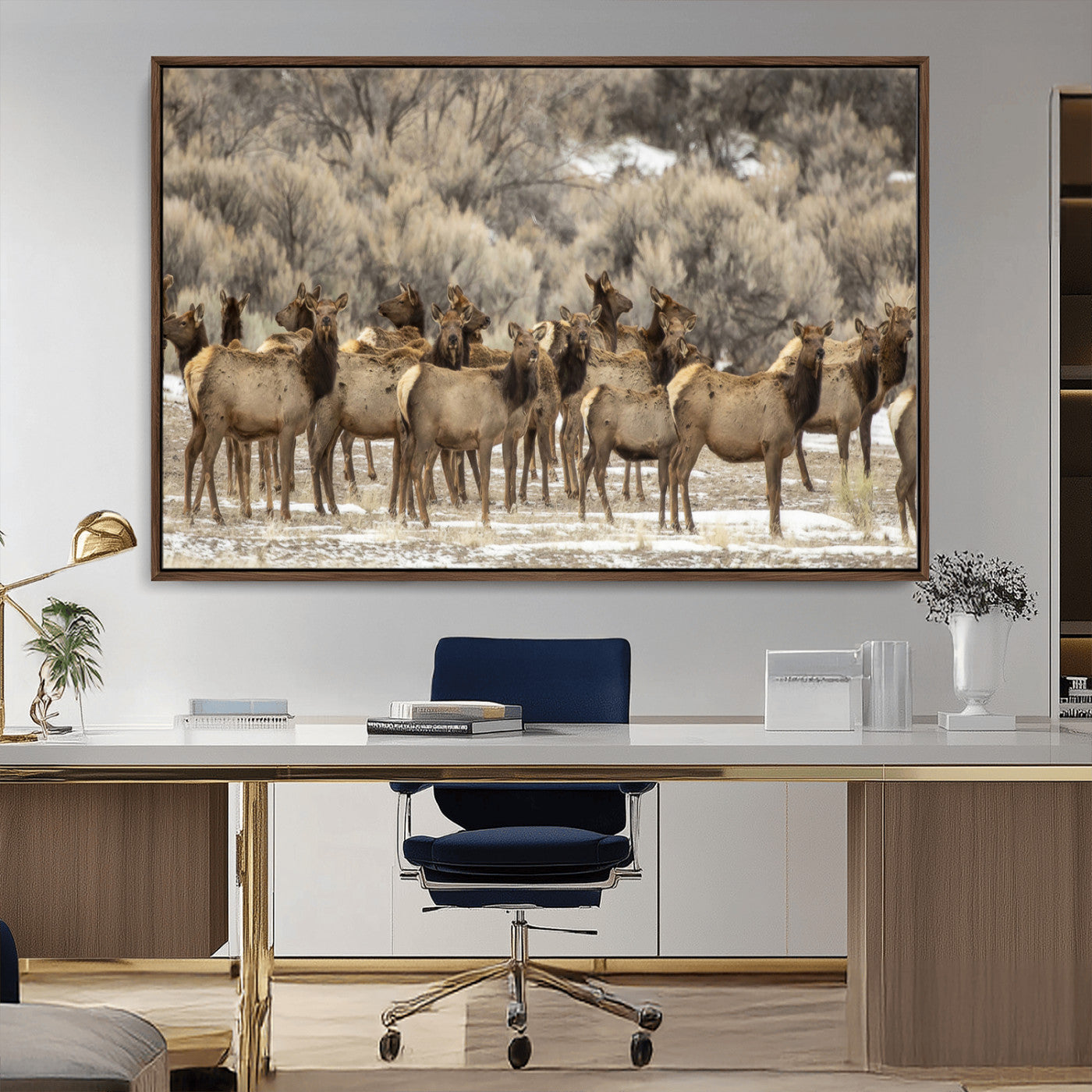 A large herd of elk standing in an open field with soft earthy tones, ideal for rustic lodge or western-themed home wall decor.