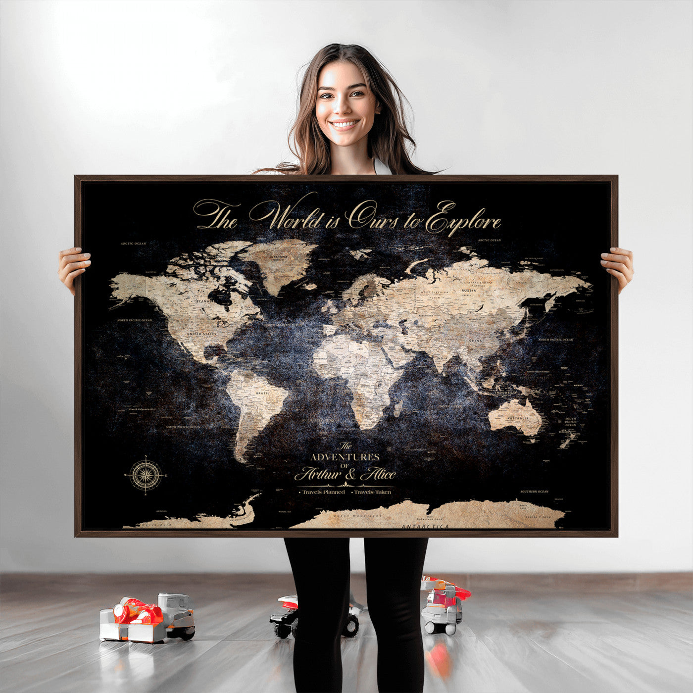 '-Customize Push Pin World Map Wall Canvas Print, Personalized Travel Tracker with Pins, Framed Large Canvas for Home Office Decor - H37