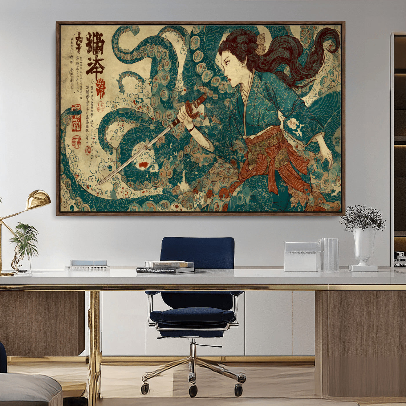 Tsukioka Yoshitoshi Samurai Wall Art Print, Japanese Katana Warrior Canvas Wall Art, Octopus Sea Monster Canvas Print,