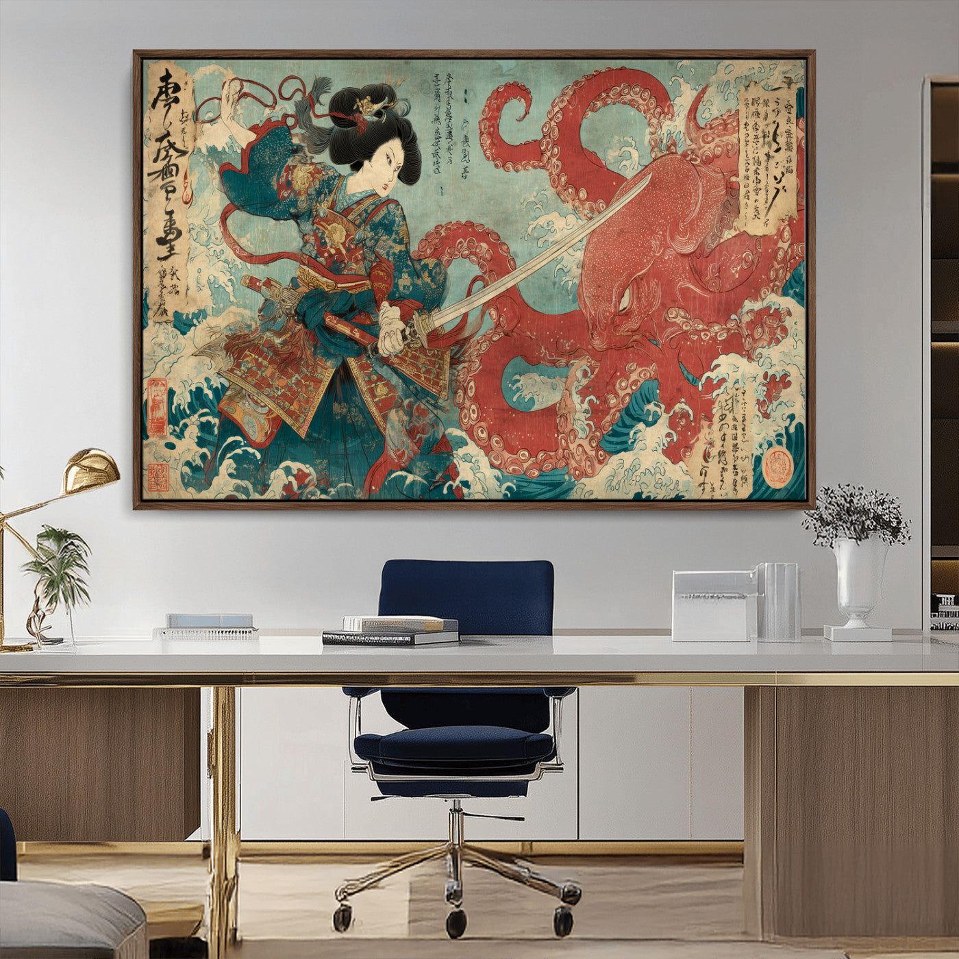 Tsukioka Yoshitoshi Samurai Wall Art Print, Japanese Katana Warrior Canvas Wall Art, Octopus Sea Monster Canvas Print,