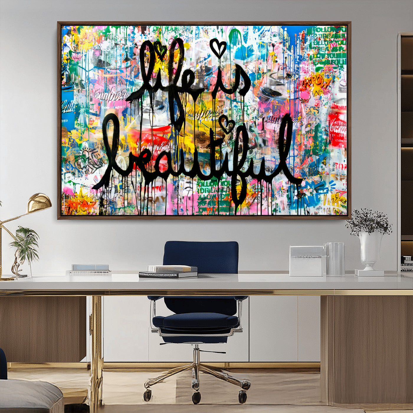 Colorful urban-style canvas with graffiti text “Life is Beautiful” in black paint, ideal for bold or street-themed home decor.