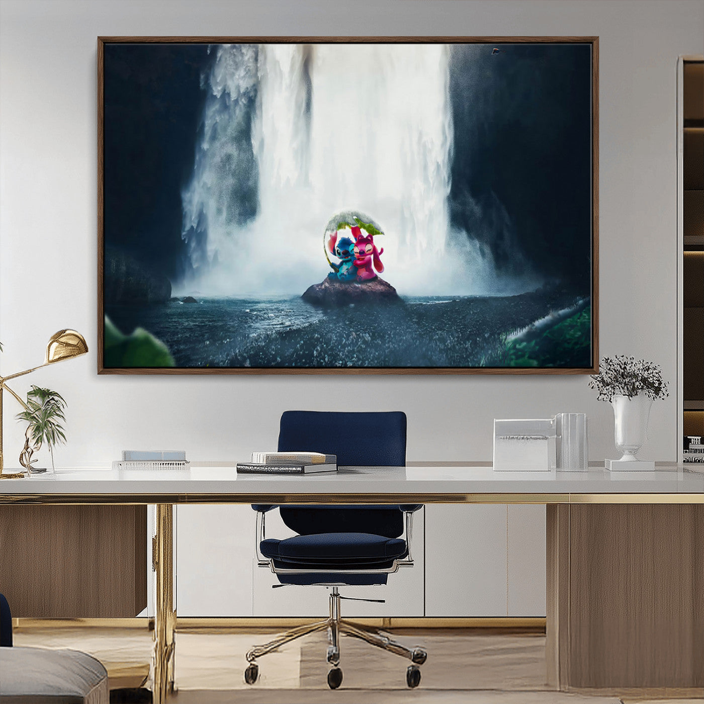 Fantasy canvas of Stitch and Angel under a leaf umbrella in front of a dramatic waterfall, perfect for moody jungle-themed or animated decor.