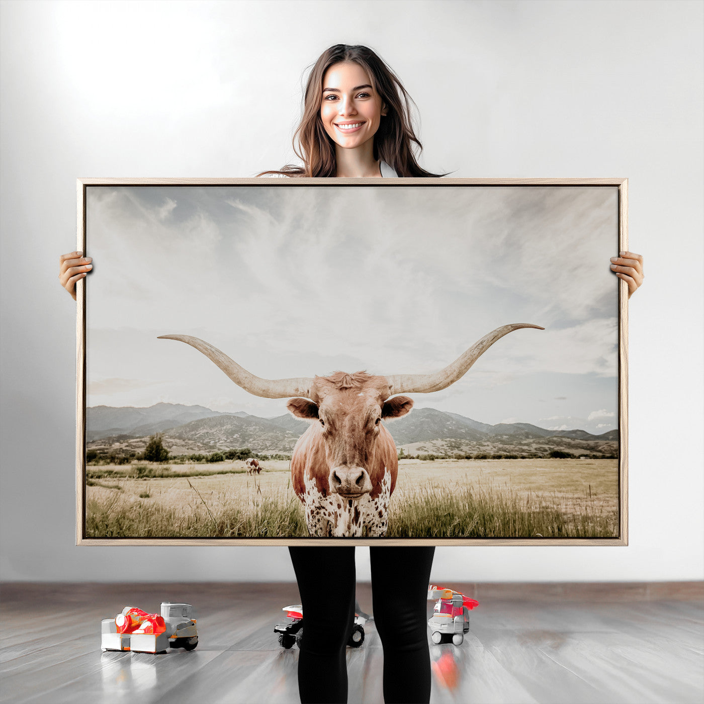 Longhorn Wall Art Print - Western Cow Canvas Print, featuring a majestic Texas longhorn in a rustic prairie setting, perfect for farmhouse and western decor.