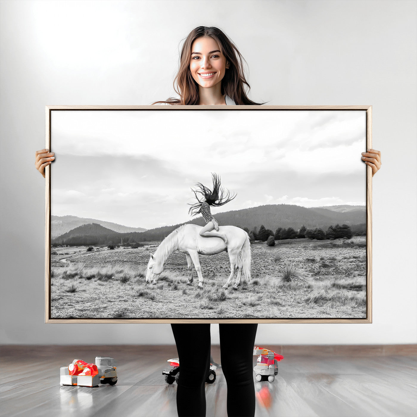 Black and white photo of a woman on a white horse in moody tones, ideal for Western Boho or modern rustic-style home decor.