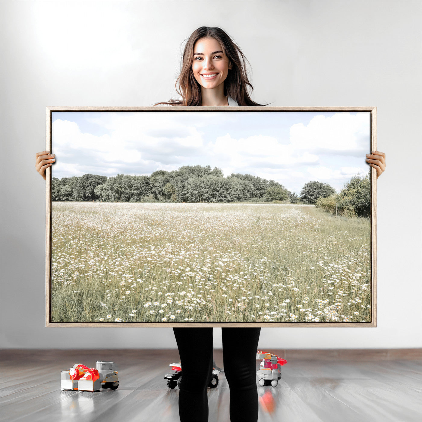 Soft-toned image of a wild daisy field under a cloudy sky, ideal for neutral or Scandinavian-inspired home decor.