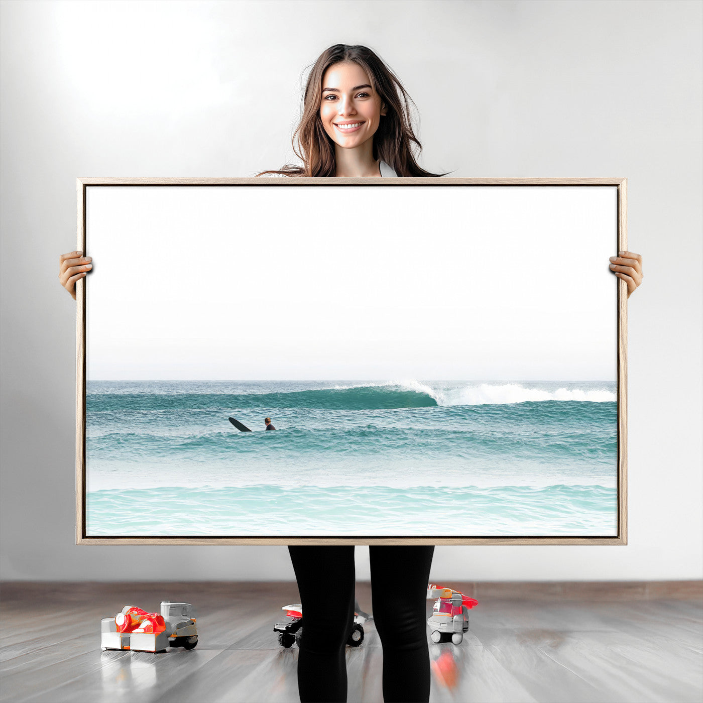 Minimalist photo of a lone surfer on calm aqua waves under bright sky, perfect for Scandinavian coastal or serene ocean-inspired home decor.