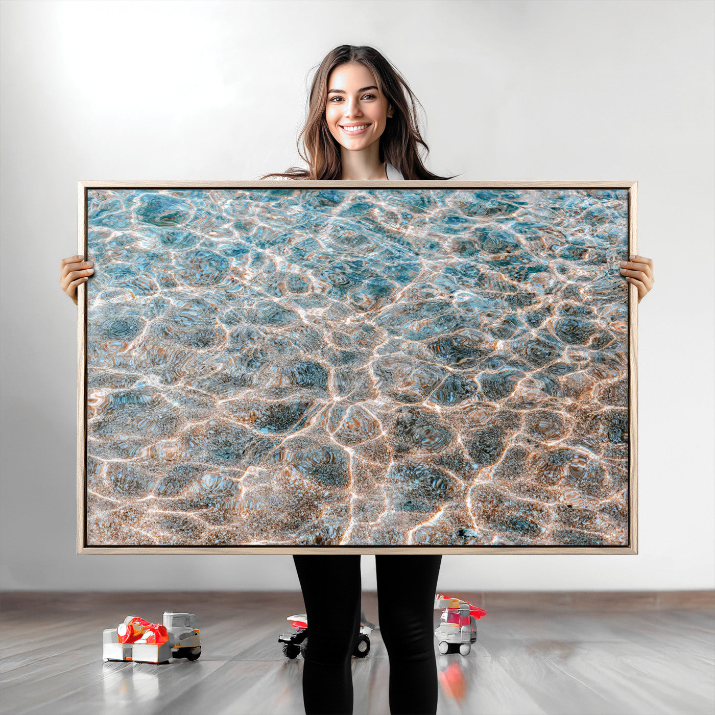 Close-up of sunlit ocean ripples with aqua blue and golden tones, ideal for modern coastal or minimalist home decor.
