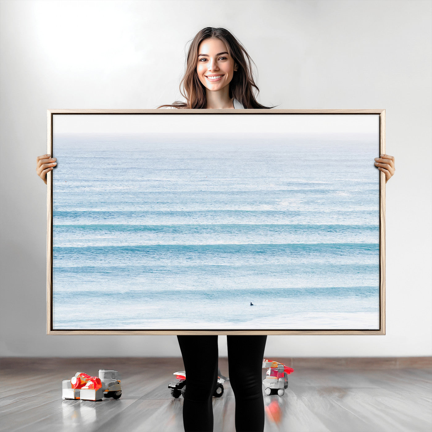 Minimalist ocean view with soft blue waves and a lone surfer, creating a serene and airy coastal aesthetic, perfect for tranquil home decor.