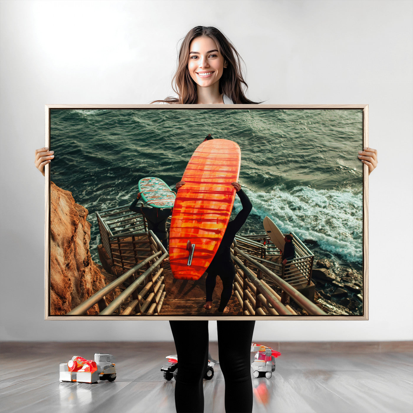 A surfer carrying a bold orange surfboard down a rugged staircase toward the ocean, bathed in golden hour light, capturing the energy of coastal adventure.