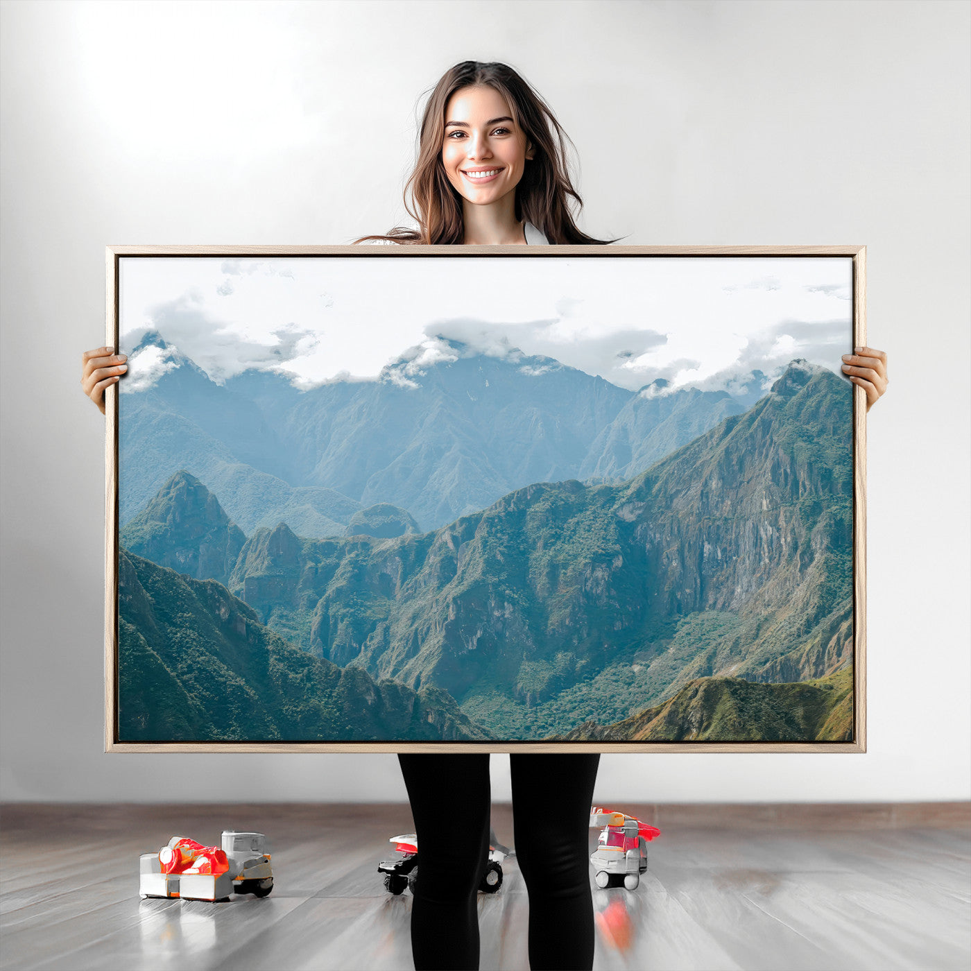 A misty mountain landscape with cloud-covered Andean peaks and lush green valleys, creating a dramatic and serene view, perfect for rustic or nature-inspired home decor.