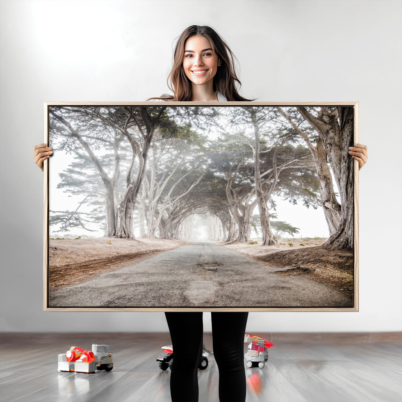 Canvas of a misty tree tunnel with arching cypress trees and an earthy road, ideal for rustic or coastal nature decor.