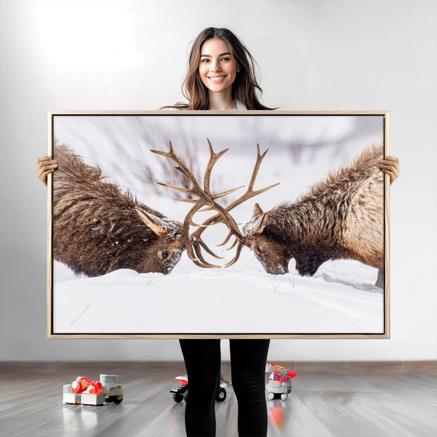 Two elk clashing antlers in a snowy forest, capturing raw power and wild energy, ideal for rustic cabin or lodge-style decor.