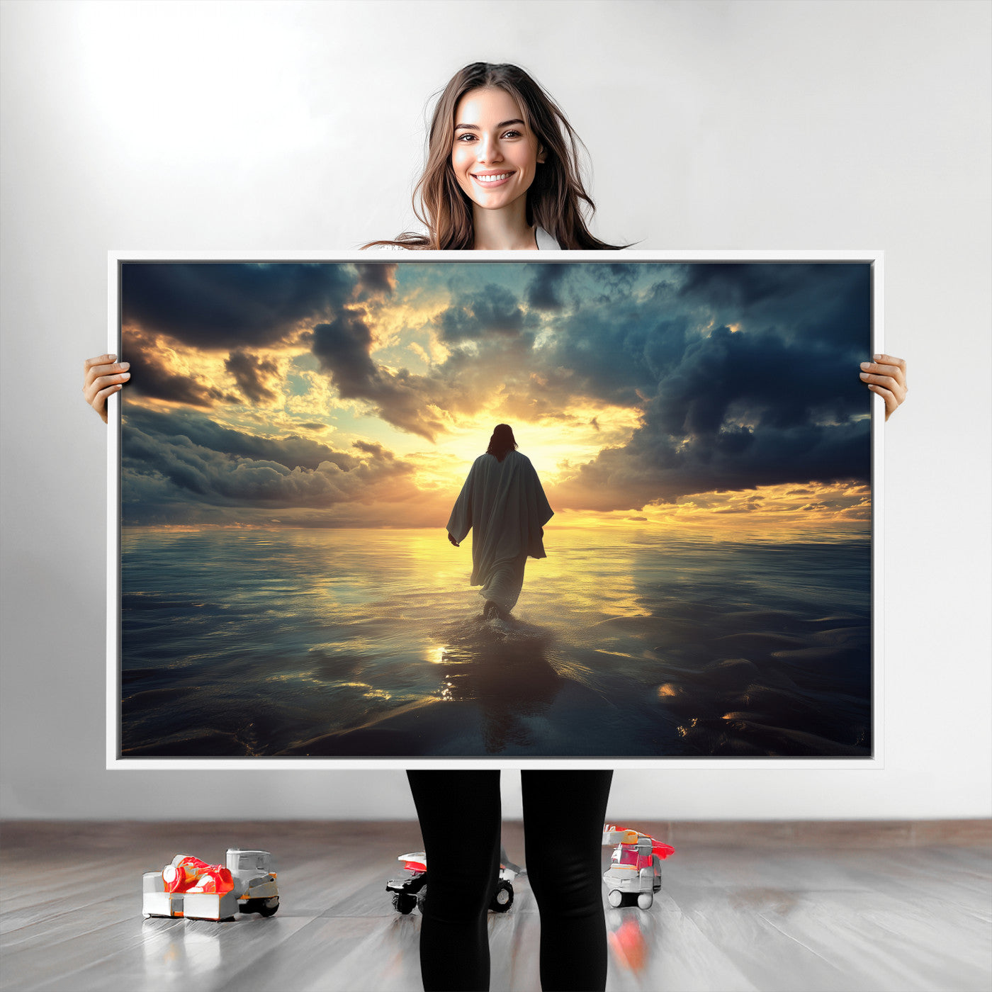 Spiritual artwork of Jesus walking on water at golden hour with divine light, ideal for Christian home decor or prayer room.