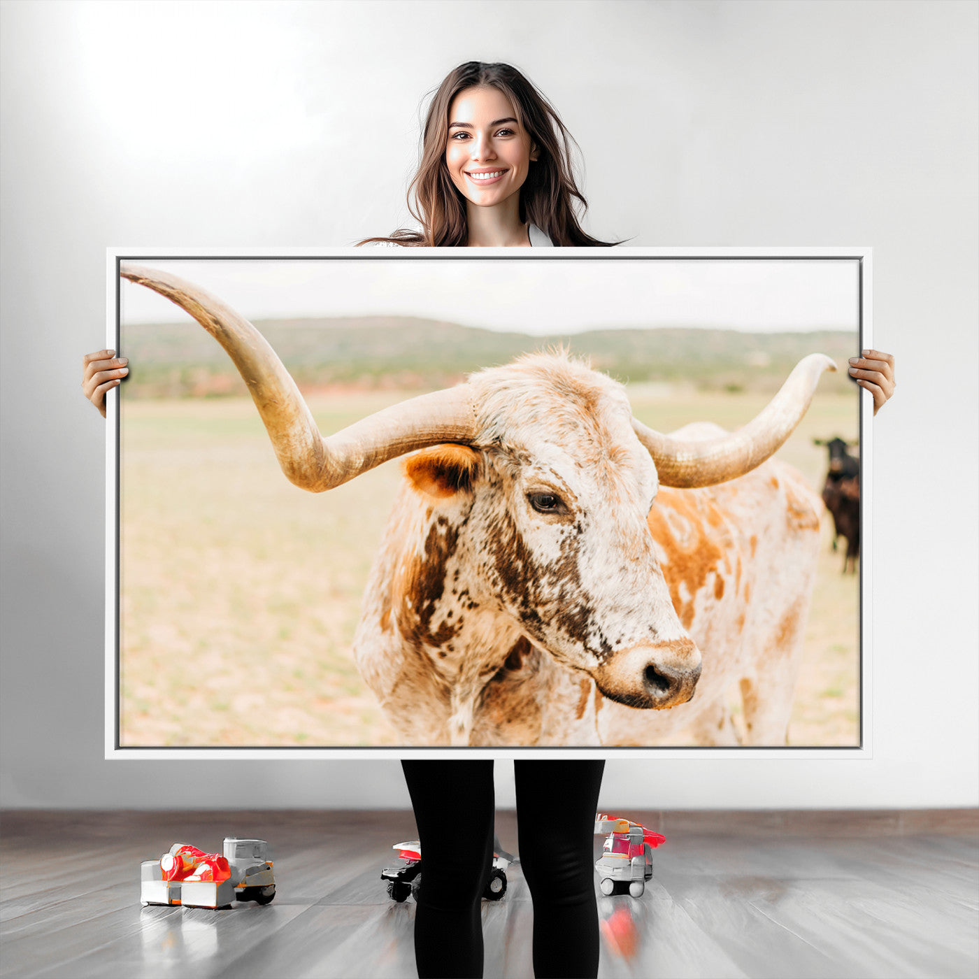 Close-up of a speckled Texas Longhorn in warm prairie tones, perfect for rustic western or countryside-themed room decor.