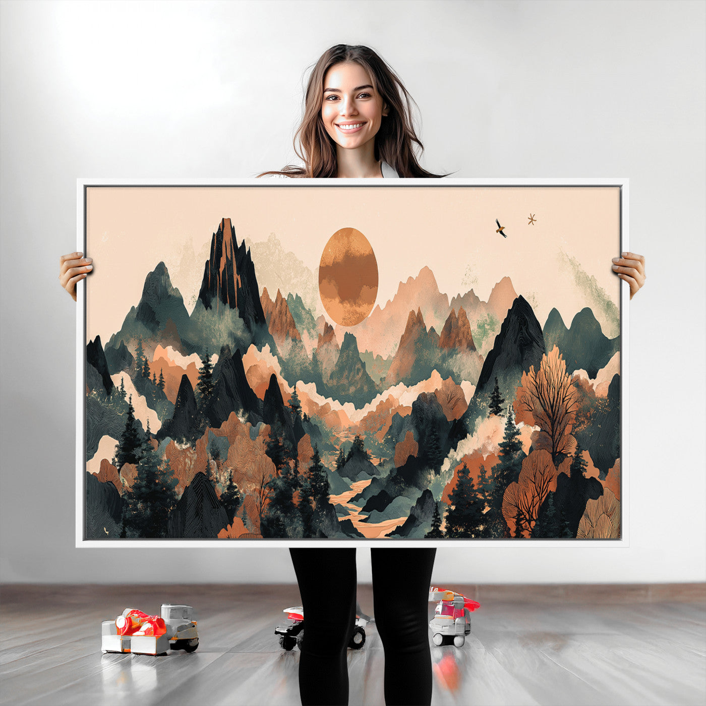 Mountain Landscape Wall Art Print - Sunset Hills Canvas Print, featuring an abstract nature scene with earthy tones and misty peaks, perfect for boho and modern decor.