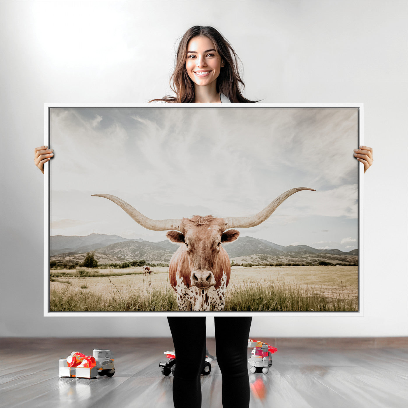 Longhorn Wall Art Print - Western Cow Canvas Print, featuring a majestic Texas longhorn in a rustic prairie setting, perfect for farmhouse and western decor.