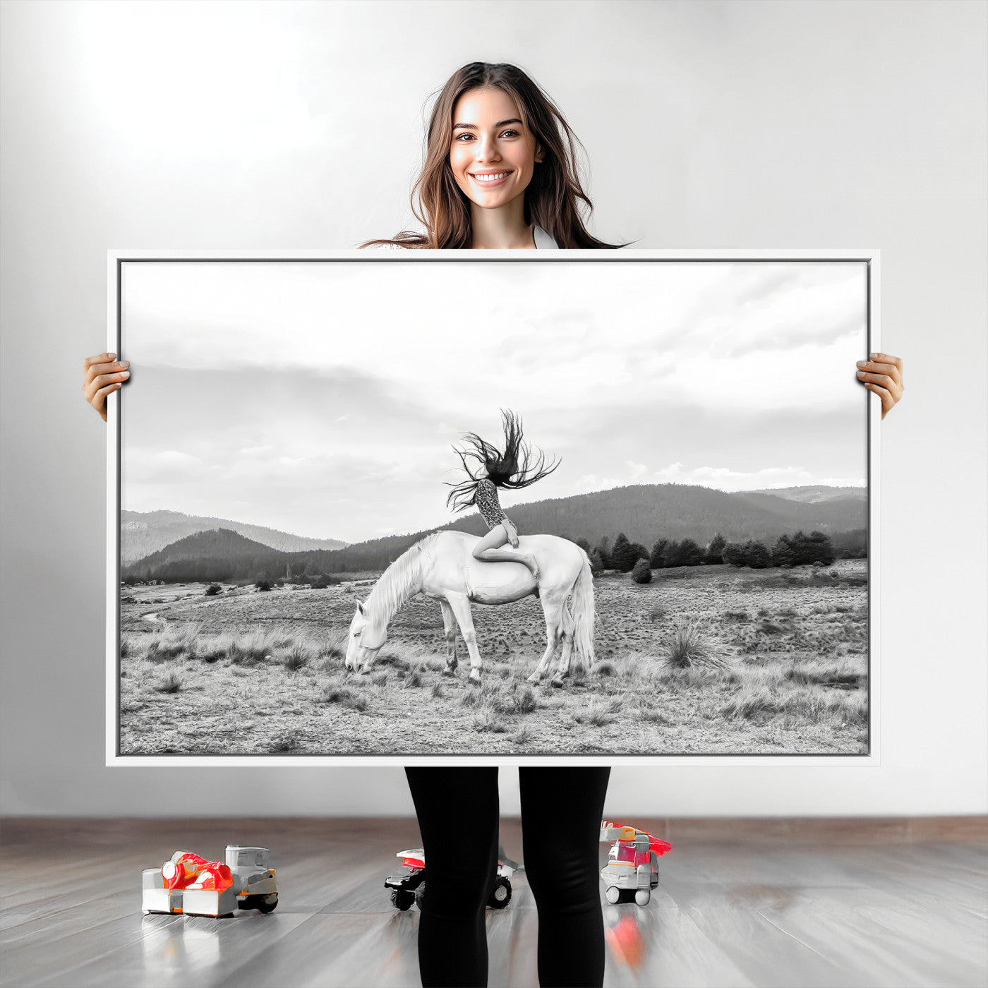 Black and white photo of a woman on a white horse in moody tones, ideal for Western Boho or modern rustic-style home decor.