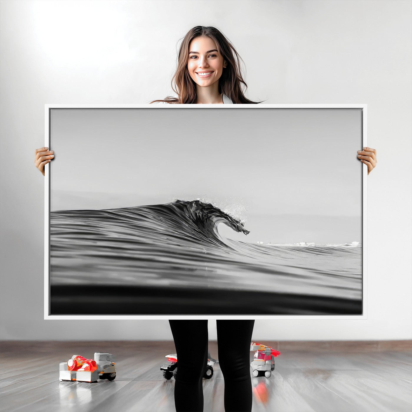 Striking black and white photo of a curling wave, ideal for modern coastal or minimalist wall decor settings.