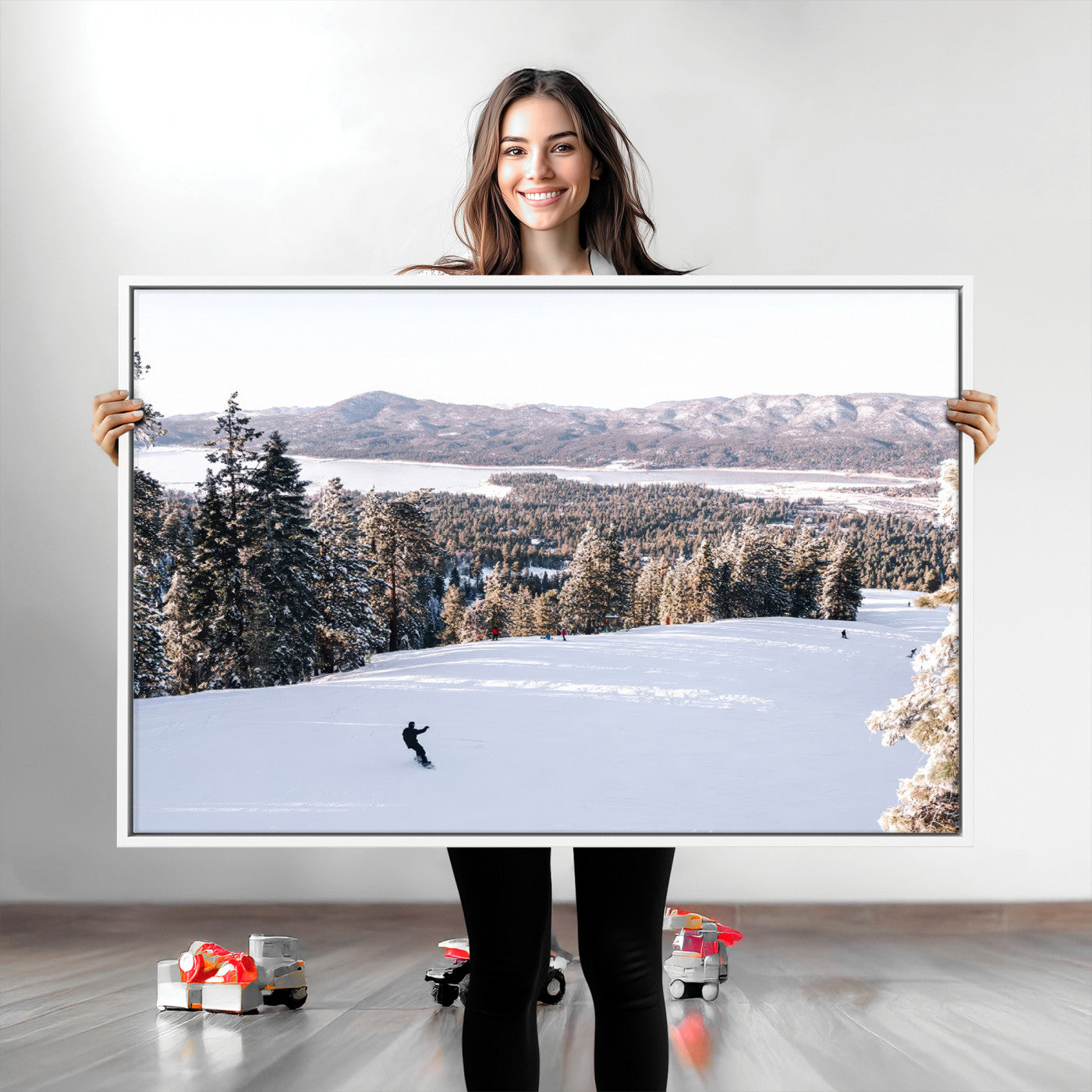Canvas of a snowy mountain ski slope with pine trees and bright winter light, ideal for modern rustic or alpine-inspired home decor.