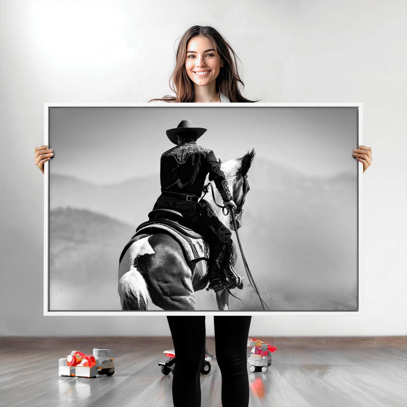 Black and white canvas of a cowboy on horseback with moody tones, perfect for rustic western or country-inspired home decor.