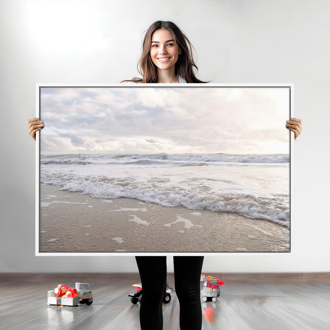 Peaceful ocean waves rolling onto the sandy shore under soft light, perfect for neutral or coastal minimalist decor themes.