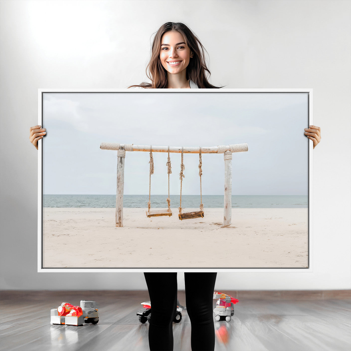 A rustic wooden beach swing stands on a serene sandy shore with an ocean horizon in the background, creating a tranquil and dreamy coastal escape.