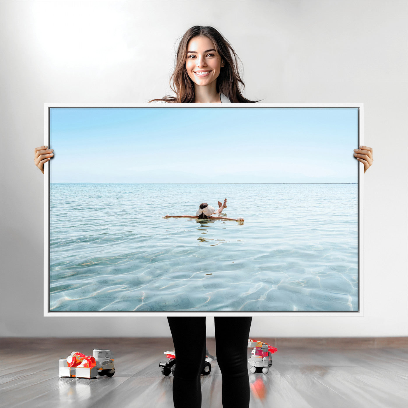 A peaceful minimalist scene of a person floating on crystal-clear water, surrounded by a vast open horizon, capturing relaxation and serenity in a tranquil aquatic setting.