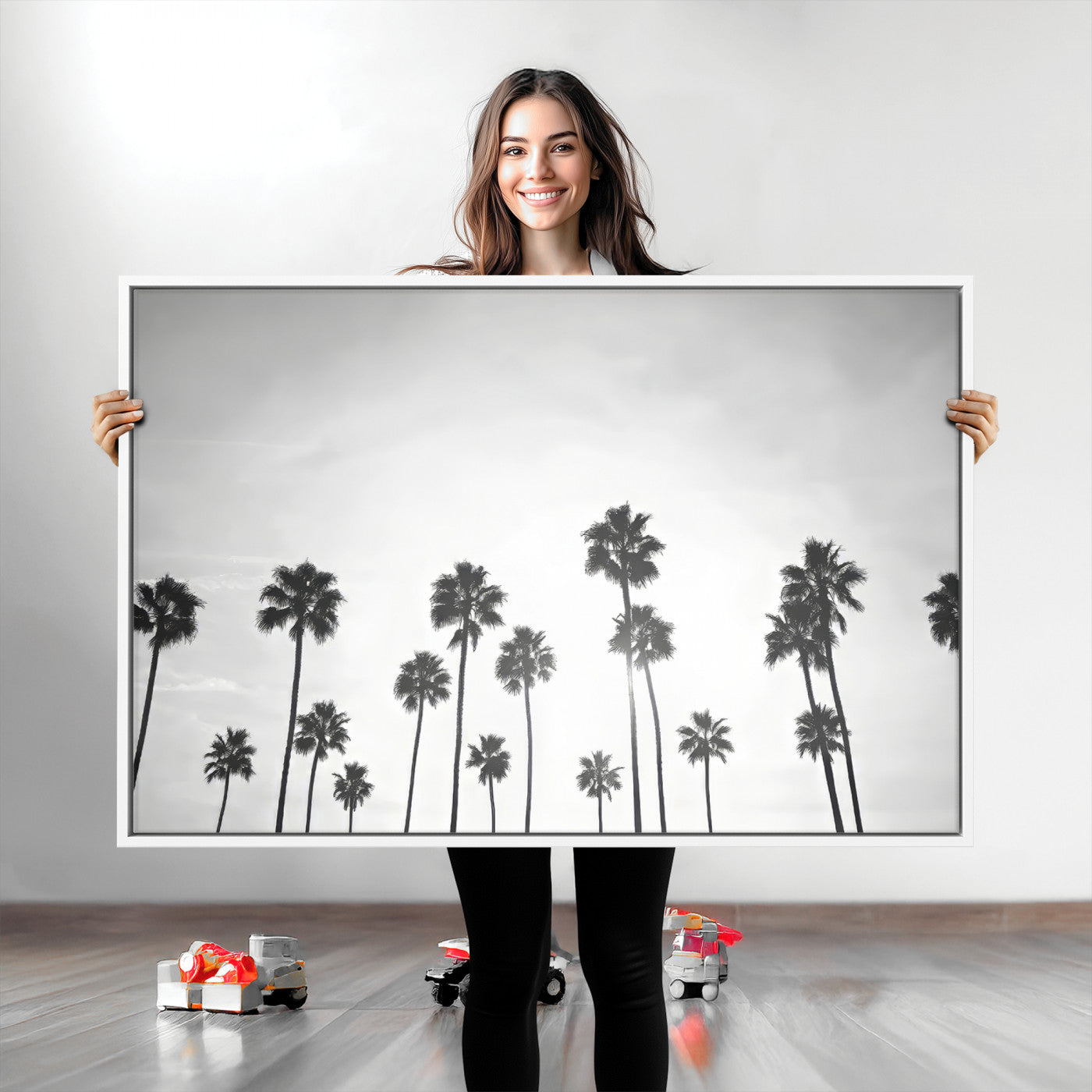 A black and white minimalist scene featuring tall palm trees silhouetted against a bright sky, creating a dreamy and timeless tropical aesthetic.