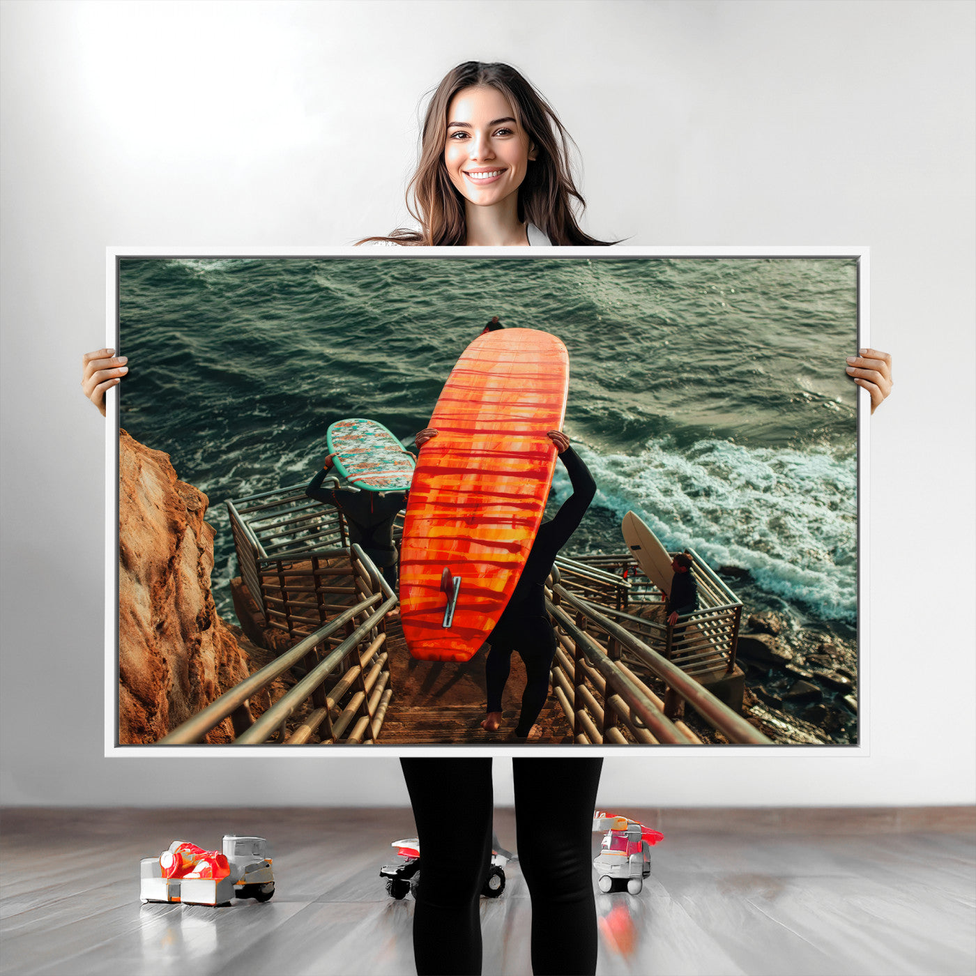 A surfer carrying a bold orange surfboard down a rugged staircase toward the ocean, bathed in golden hour light, capturing the energy of coastal adventure.
