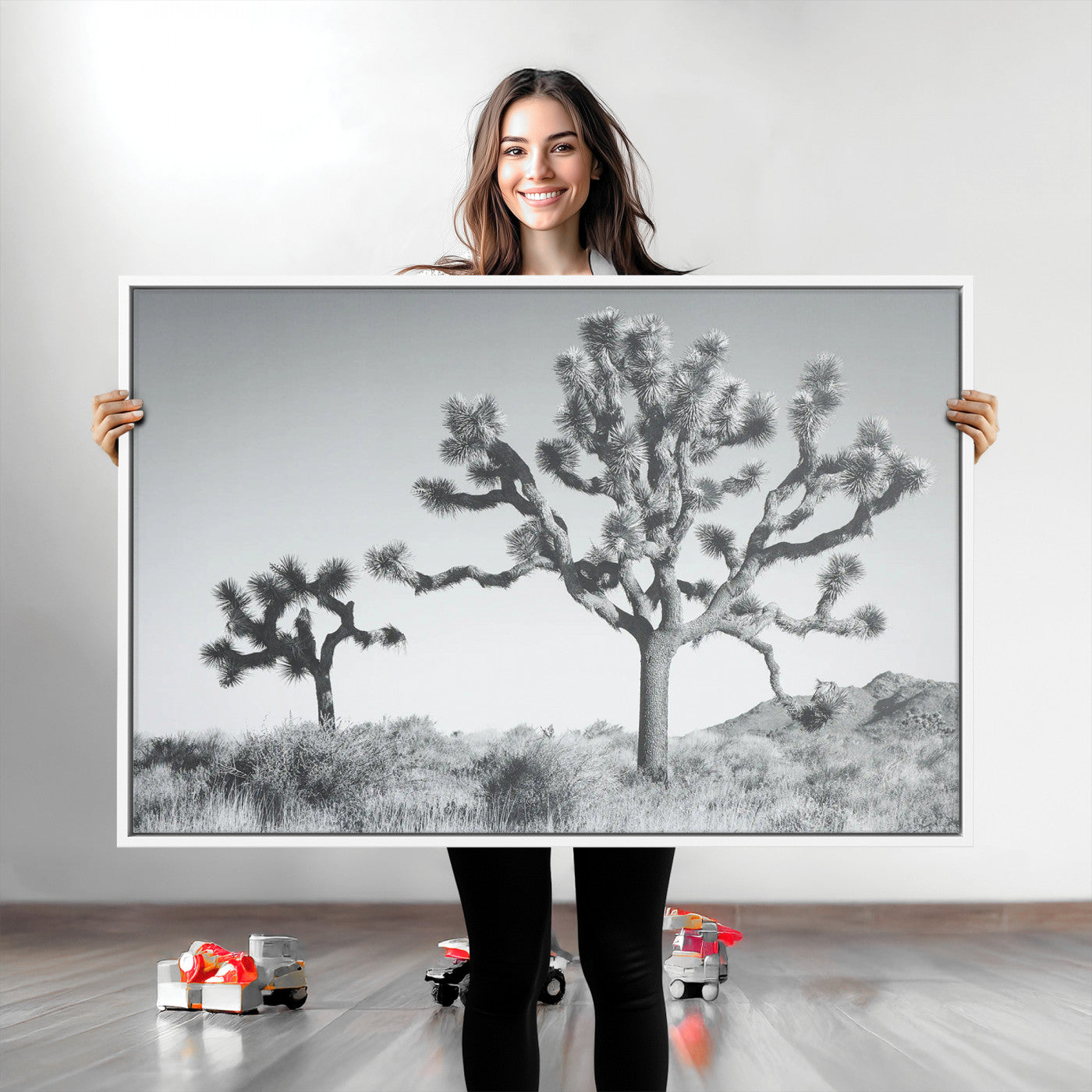 Black and white Joshua tree in a desert landscape with soft light and dry brush, perfect for rustic or minimalist home decor.