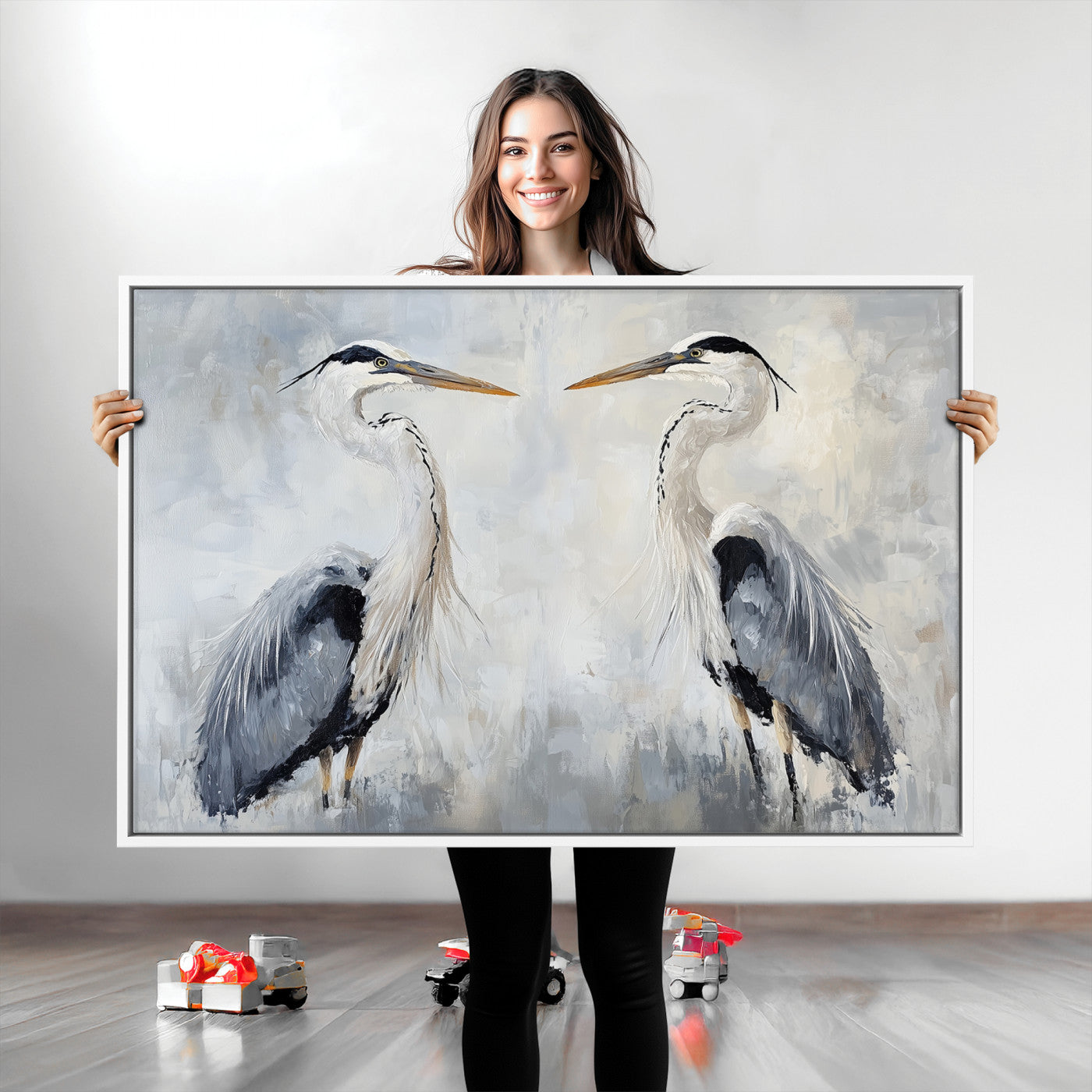 Two herons facing each other on a soft-toned background with blue-grey feathers, perfect for tranquil, coastal or nature-themed interiors.