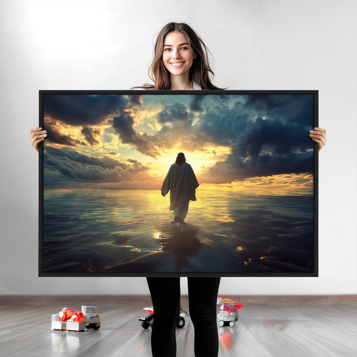 Spiritual artwork of Jesus walking on water at golden hour with divine light, ideal for Christian home decor or prayer room.