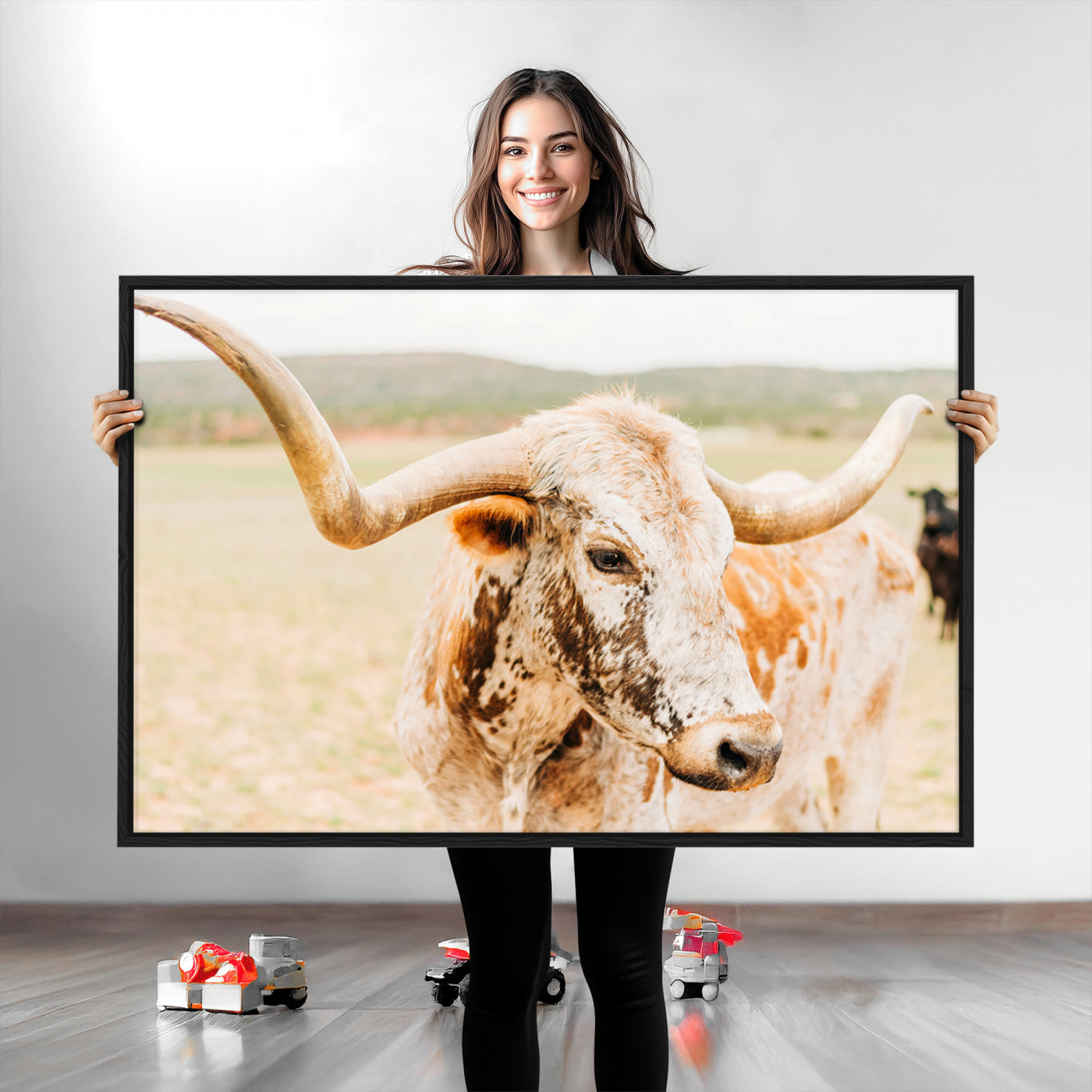 Close-up of a speckled Texas Longhorn in warm prairie tones, perfect for rustic western or countryside-themed room decor.