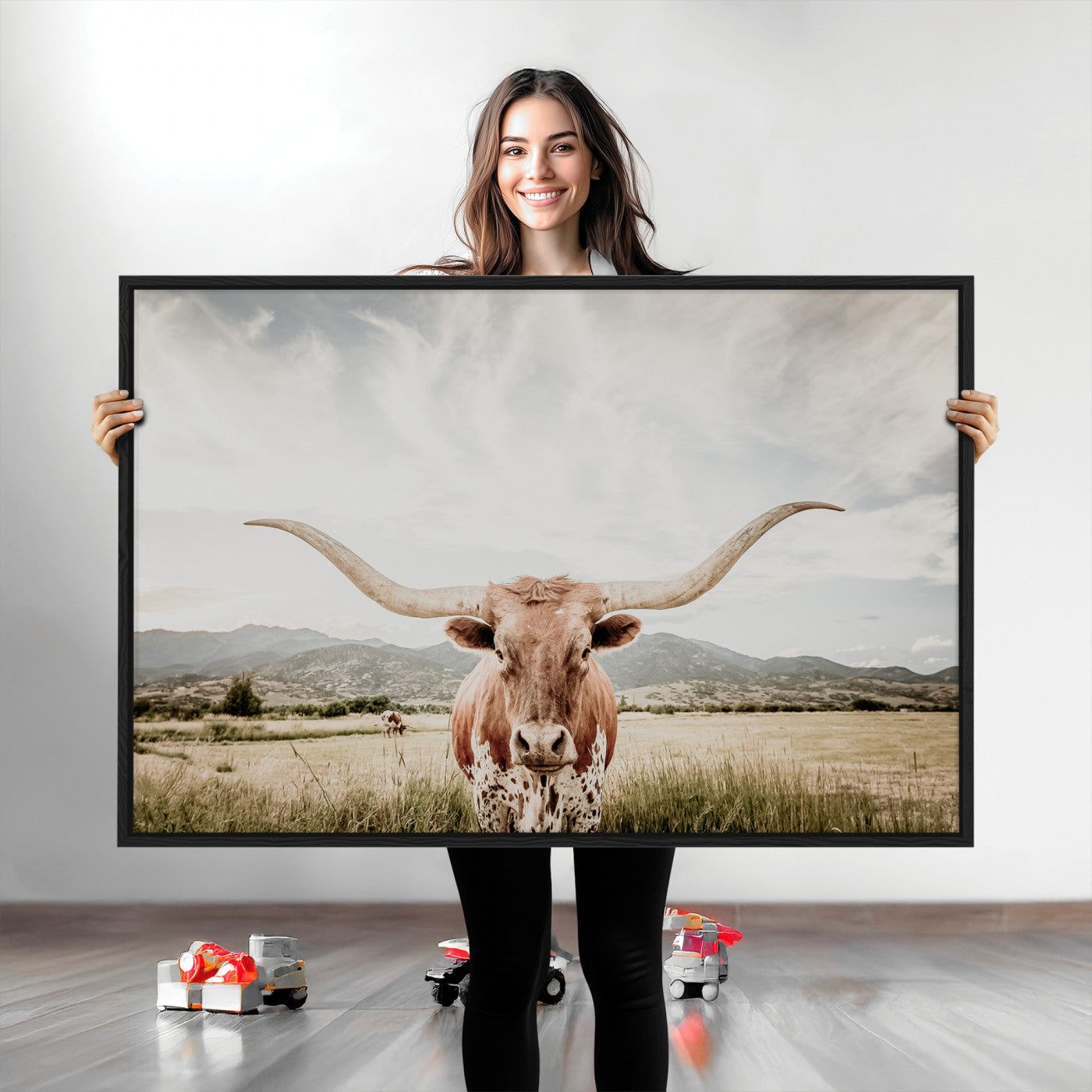Longhorn Wall Art Print - Western Cow Canvas Print, featuring a majestic Texas longhorn in a rustic prairie setting, perfect for farmhouse and western decor.