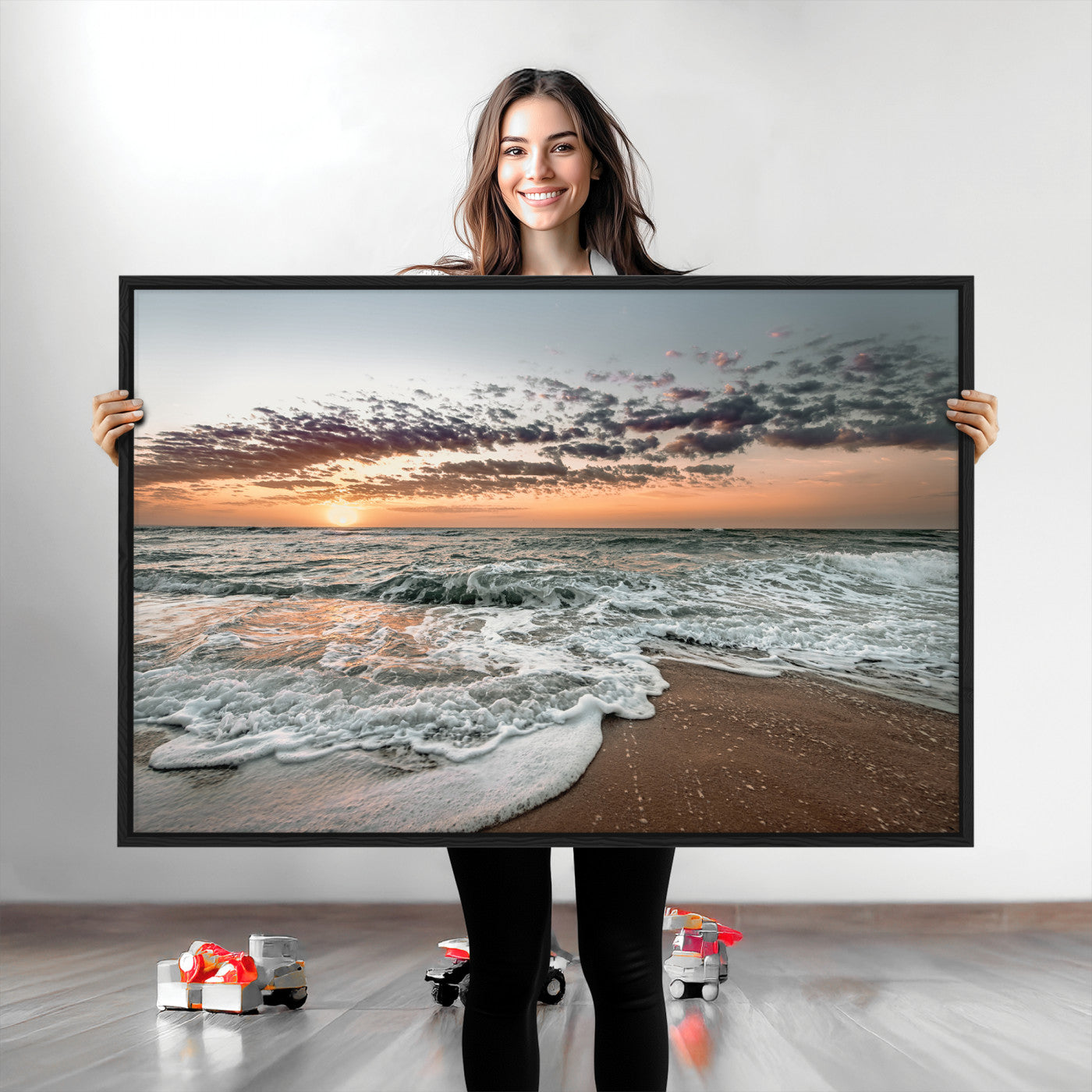 Ocean Sunset Wall Art Print - Beach Waves Canvas Print, featuring a serene seascape with golden sunlight reflecting on gentle waves, perfect for coastal and minimalist decor.