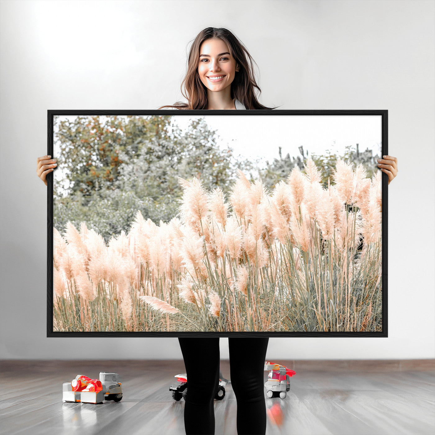 Soft pastel pampas grasses in a natural setting, ideal for neutral boho or rustic botanical-style interior wall decoration.