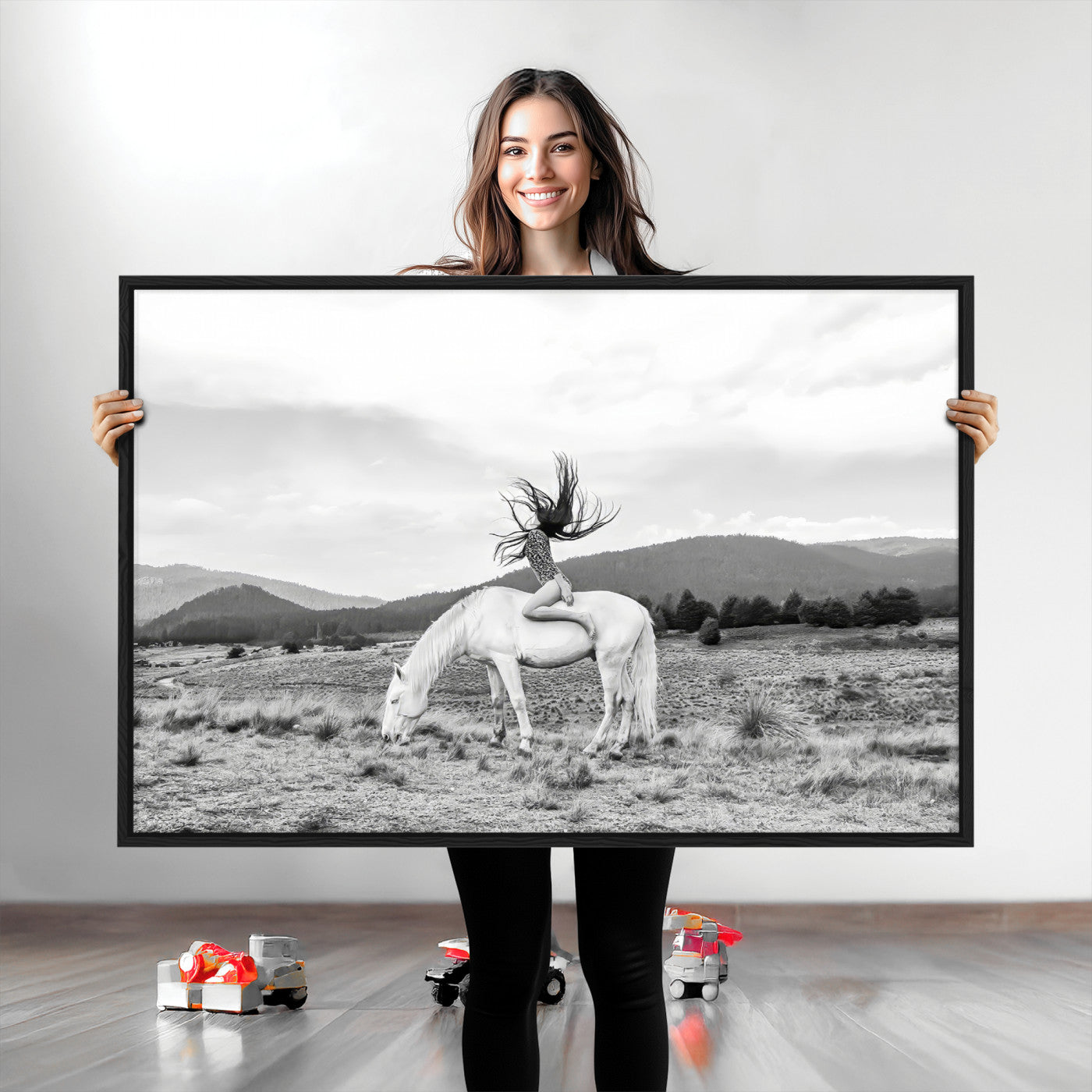 Black and white photo of a woman on a white horse in moody tones, ideal for Western Boho or modern rustic-style home decor.