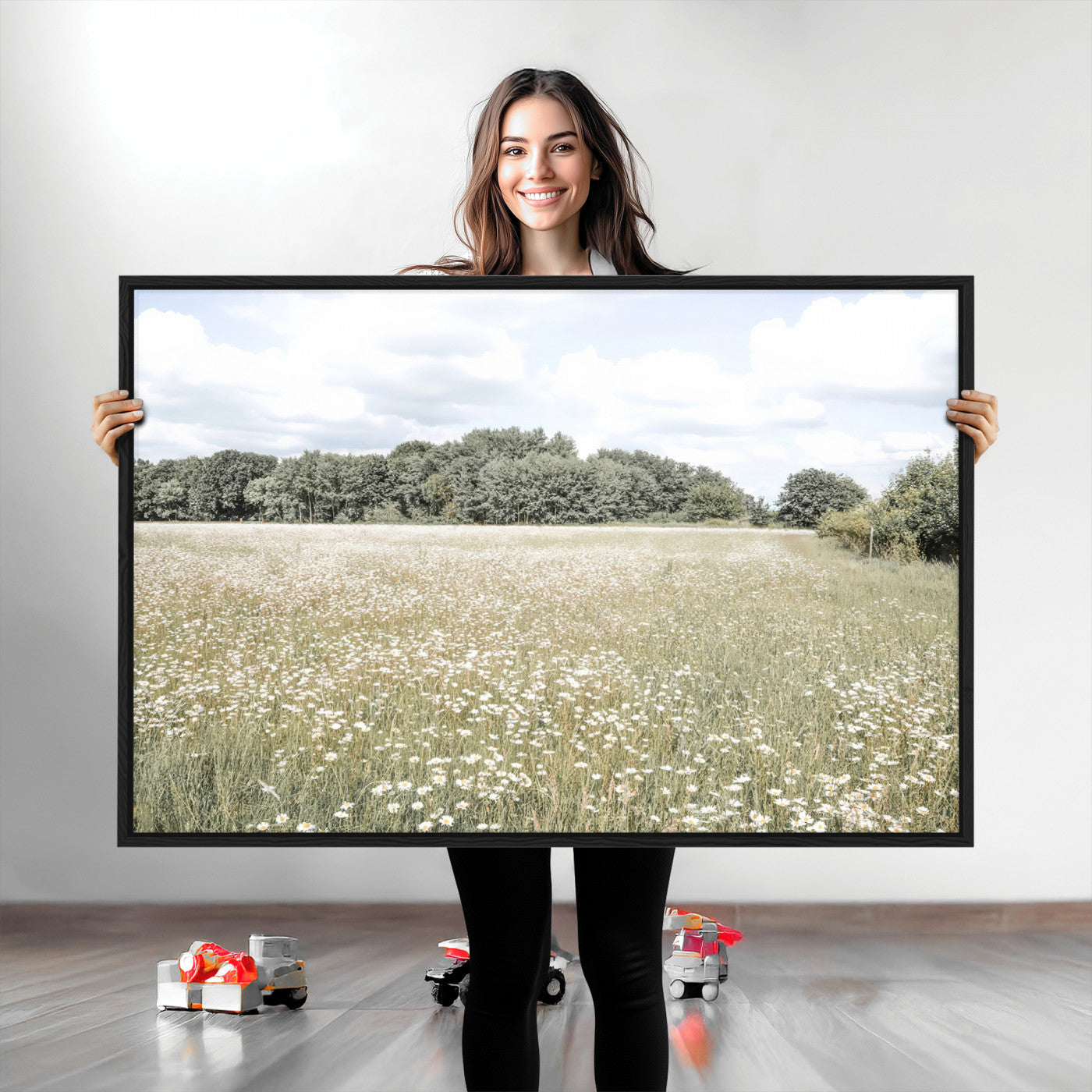 Soft-toned image of a wild daisy field under a cloudy sky, ideal for neutral or Scandinavian-inspired home decor.