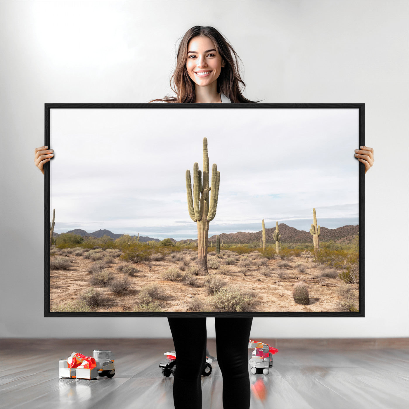 Canvas of a saguaro cactus in an earthy Sonoran desert landscape, ideal for Southwestern Boho or desert minimalism inspired home decor. 2/2