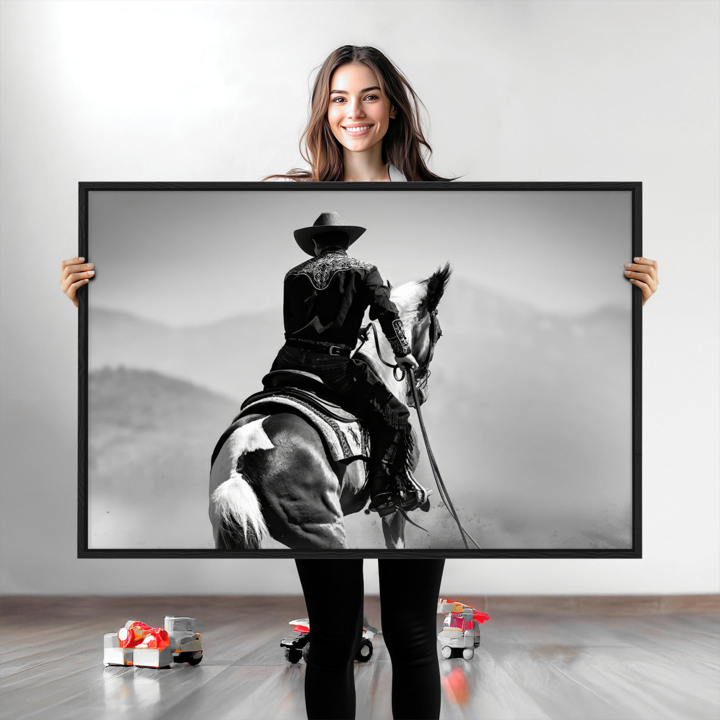 Black and white canvas of a cowboy on horseback with moody tones, perfect for rustic western or country-inspired home decor.