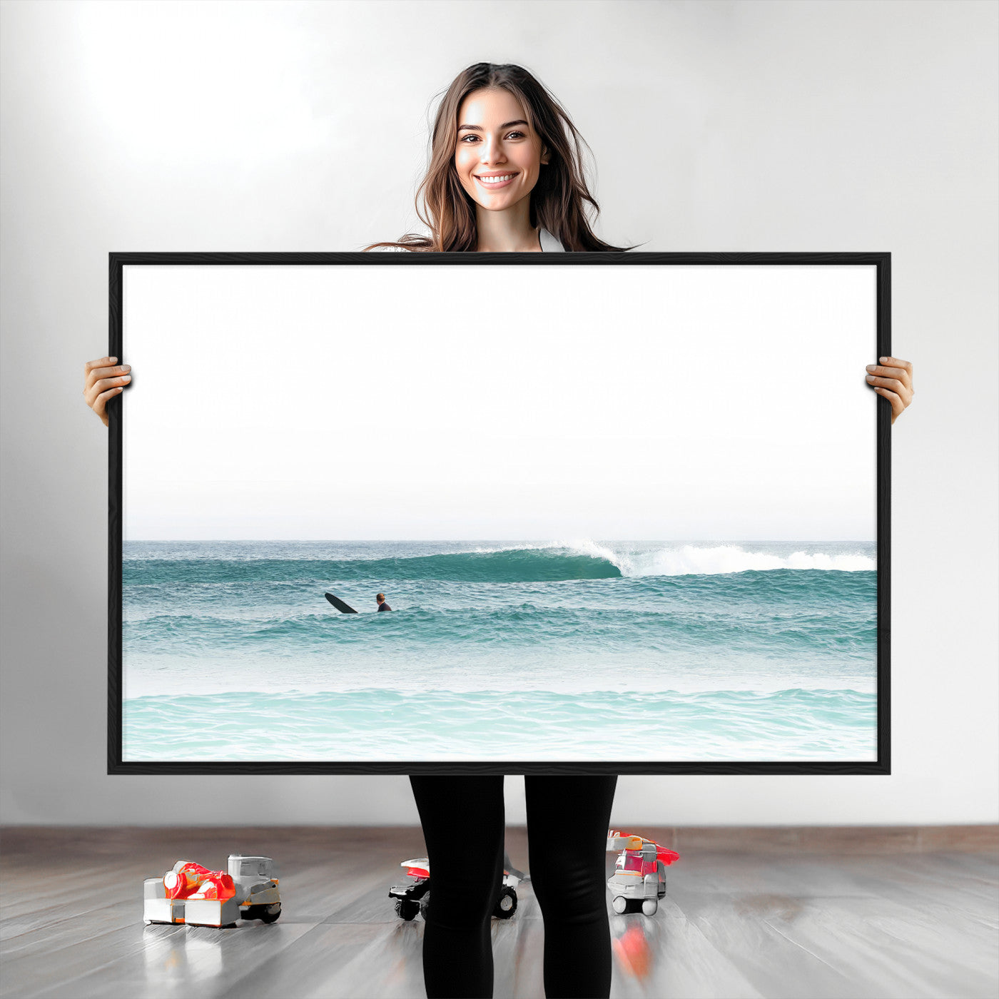 Minimalist photo of a lone surfer on calm aqua waves under bright sky, perfect for Scandinavian coastal or serene ocean-inspired home decor.